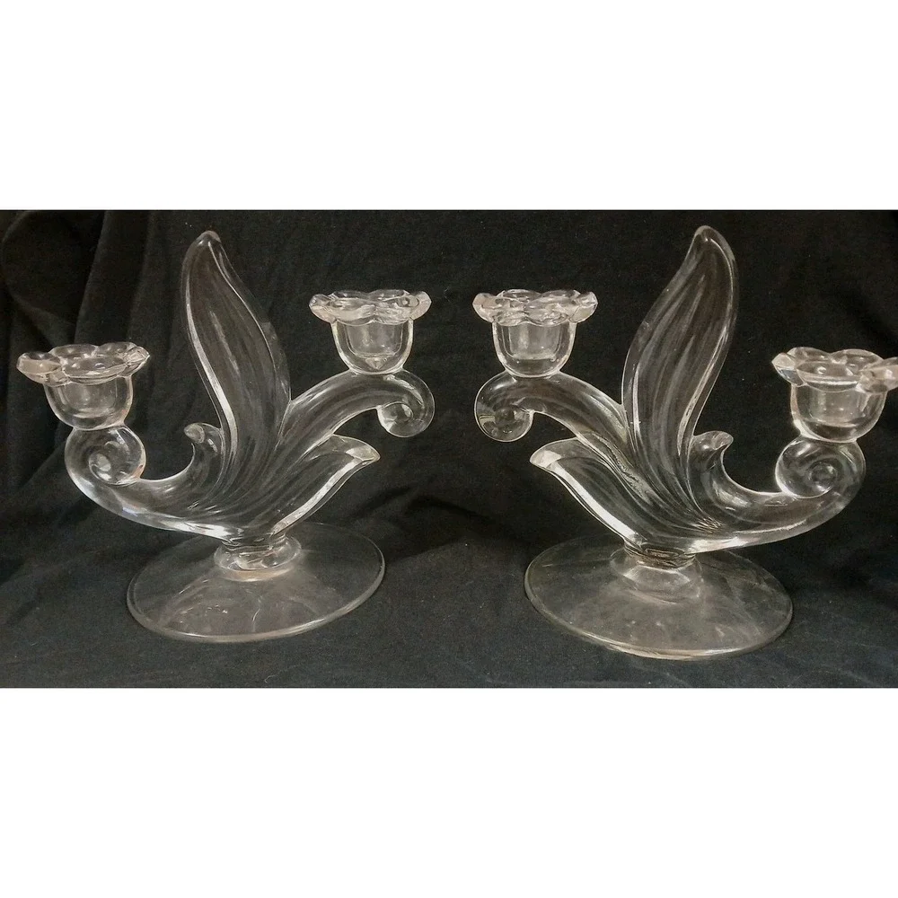 2 Glass Candleholders Double Candelabra Canterbury Style Floral Flame Art Deco